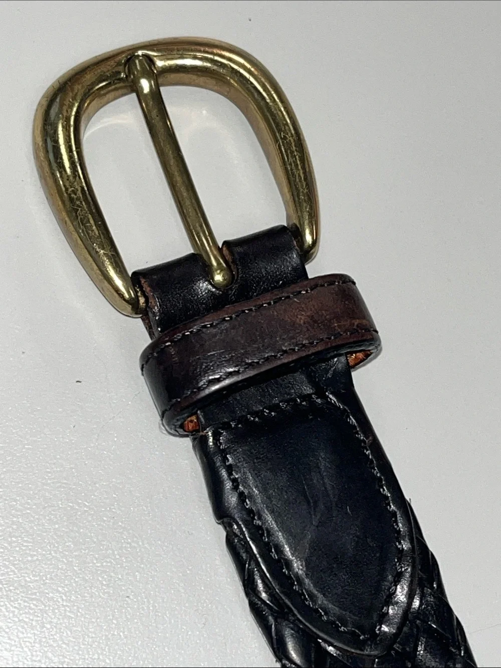 Source Unknown Black Woven Leather Belt with Brass Buckle